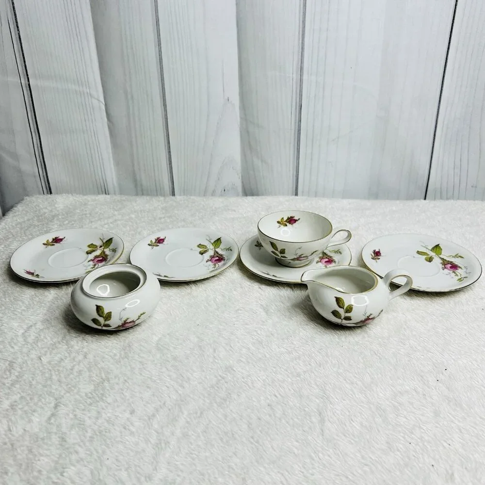 Eschenbach Bavaria Germany Moss Rose Demitasse Teacup Saucers Cream and Sugar